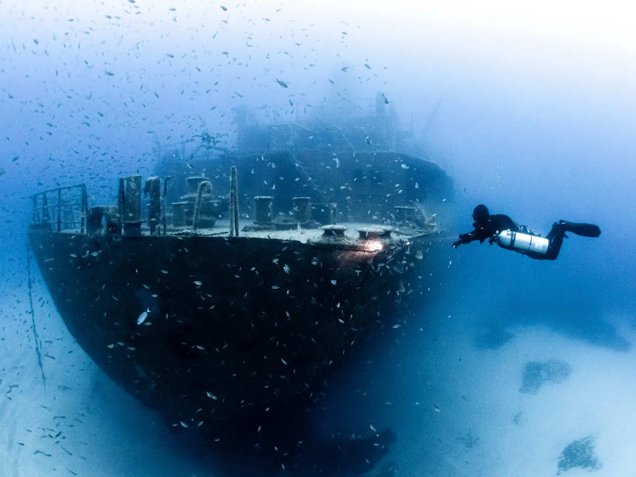 Um el Faroud Wreck in Malta, with recreational sidemount diver diving in Malta